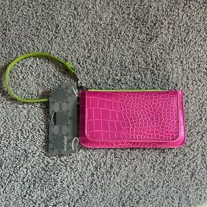 Pink and Green Croc-Embossed Wristlet